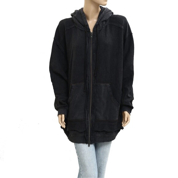 Free People Zip-up Hoodie Jacket Top Oversized Cotton Slouchy Black S 283695 - Picture 1 of 6